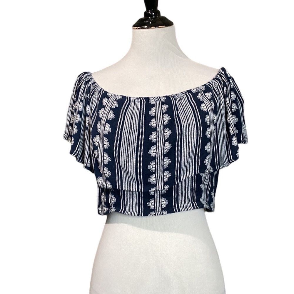 Band of Gypsies Navy Blue Off Shoulder Blouse Crop Top Blue White Print
